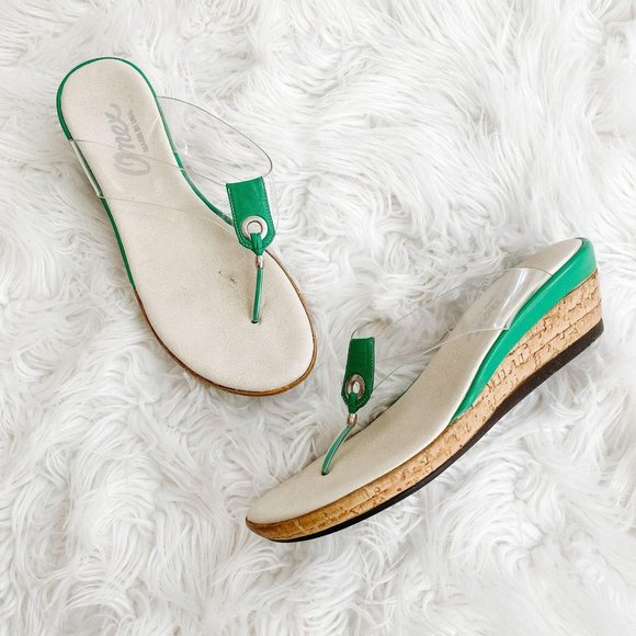 clear strap cork wedges